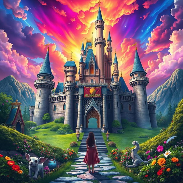 A majestic castle in a fantastical world inspired by a book, surrounded by a vibrant, colorful sky that seems to invite Rina to enter the fictional realm