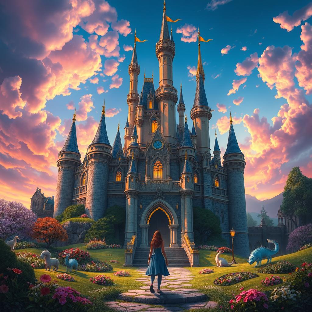 A majestic castle in a fantastical world inspired by a book, surrounded by a vibrant, colorful sky that seems to invite Rina to enter the fictional realm