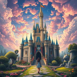 A majestic castle in a fantastical world inspired by a book, surrounded by a vibrant, colorful sky that seems to invite Rina to enter the fictional realm