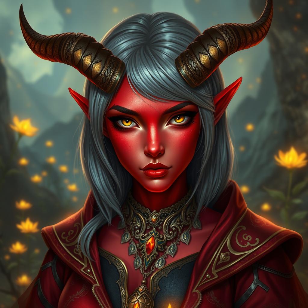 A mesmerizing female tiefling with radiant red skin and captivating yellow eyes that reflect a sense of curiosity and depth