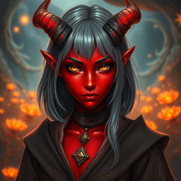 A mesmerizing female tiefling with radiant red skin and captivating yellow eyes that reflect a sense of curiosity and depth