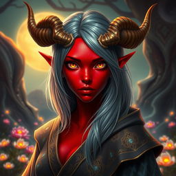 A mesmerizing female tiefling with radiant red skin and captivating yellow eyes that reflect a sense of curiosity and depth