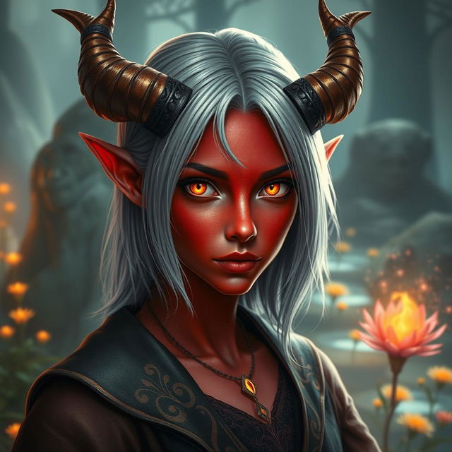 A mesmerizing female tiefling with radiant red skin and captivating yellow eyes that reflect a sense of curiosity and depth