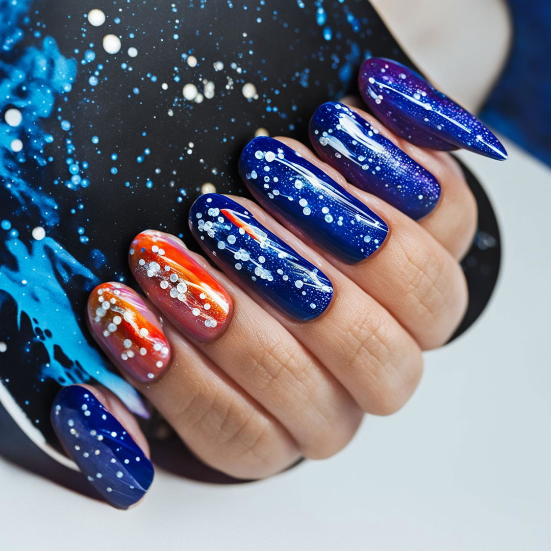 Close-up photograph of a hand with nails painted to represent different elements of the sky: starry night, sunrise, clear day, sunset, and stormy weather.