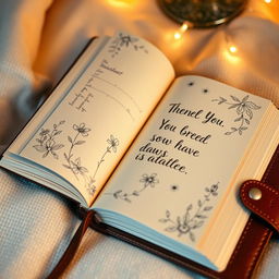 A close-up of a beautifully designed notebook opened to the first page, showcasing intricate illustrations and elegant typography