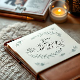 A close-up of a beautifully designed notebook opened to the first page, showcasing intricate illustrations and elegant typography