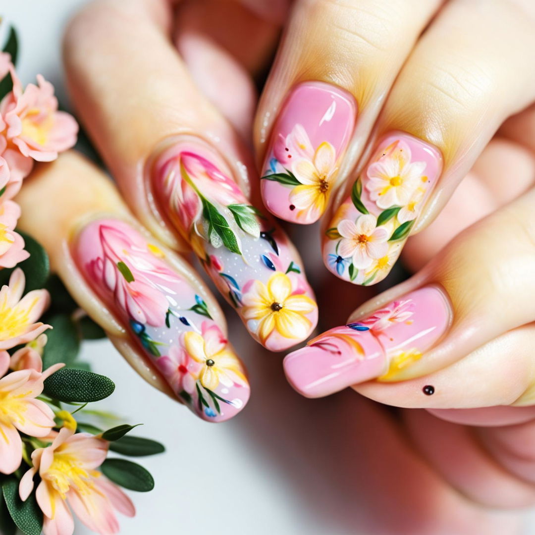 Close-up photograph of a hand with floral nail art on a pastel pink base. Each nail features a different flower - roses, daisies, cherry blossoms, sunflowers, and lilies.