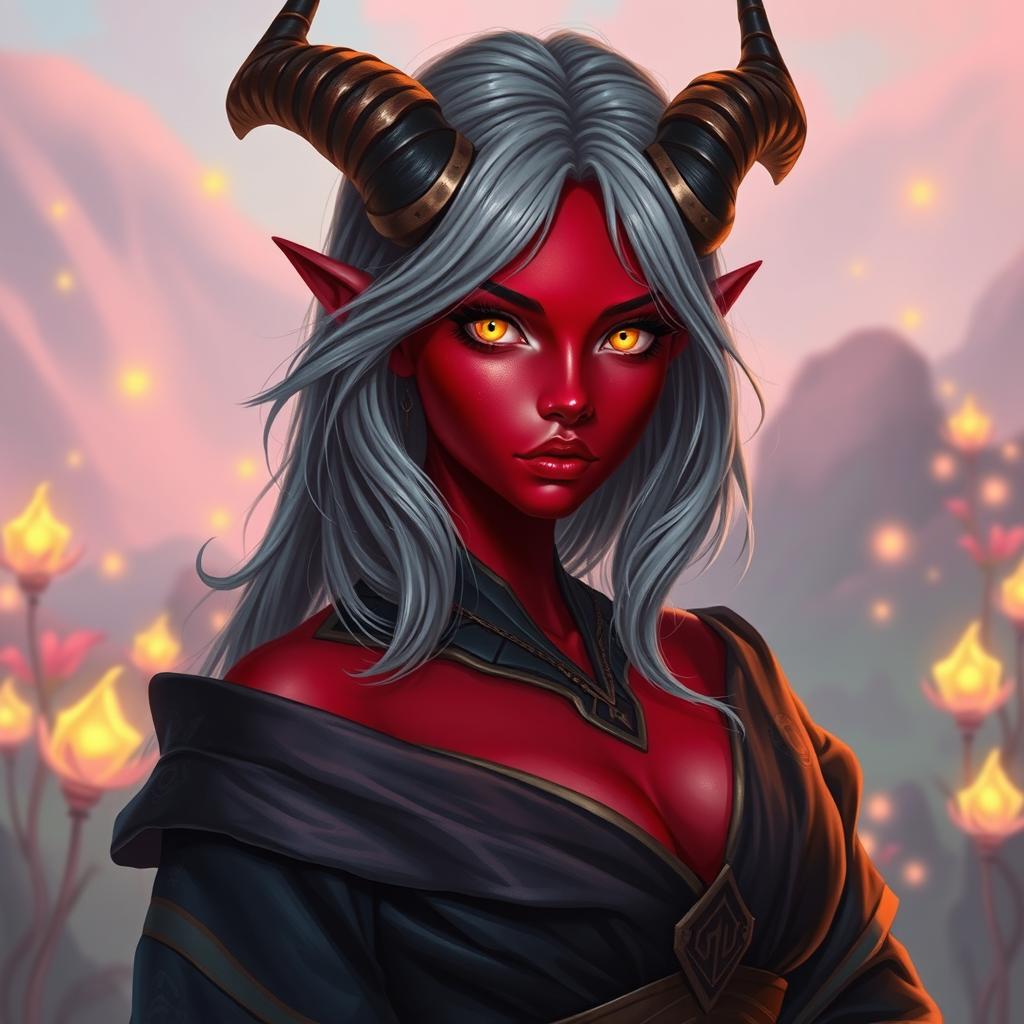 A mesmerizing female tiefling with vibrant red skin and striking yellow eyes that shimmer with intrigue