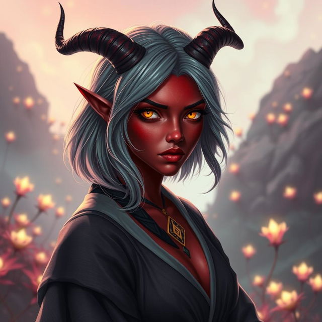 A mesmerizing female tiefling with vibrant red skin and striking yellow eyes that shimmer with intrigue