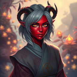 A mesmerizing female tiefling with vibrant red skin and striking yellow eyes that shimmer with intrigue