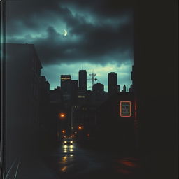 A dark city cover featuring a moody skyline at night, the buildings silhouetted against a cloudy sky with a soft glow from streetlights