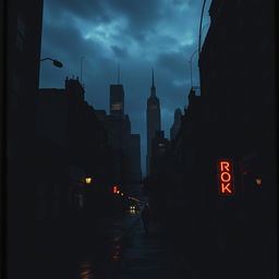 A dark city cover featuring a moody skyline at night, the buildings silhouetted against a cloudy sky with a soft glow from streetlights