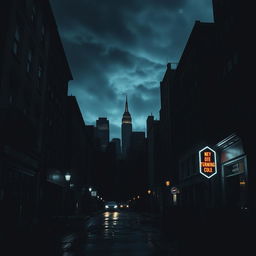 A dark city cover featuring a moody skyline at night, the buildings silhouetted against a cloudy sky with a soft glow from streetlights