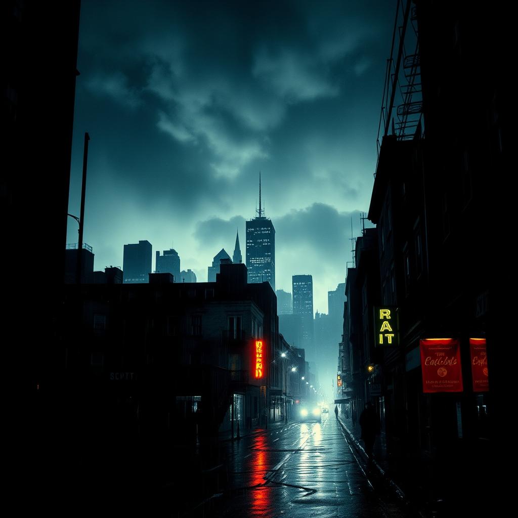 A dark city cover featuring a moody skyline at night, the buildings silhouetted against a cloudy sky with a soft glow from streetlights