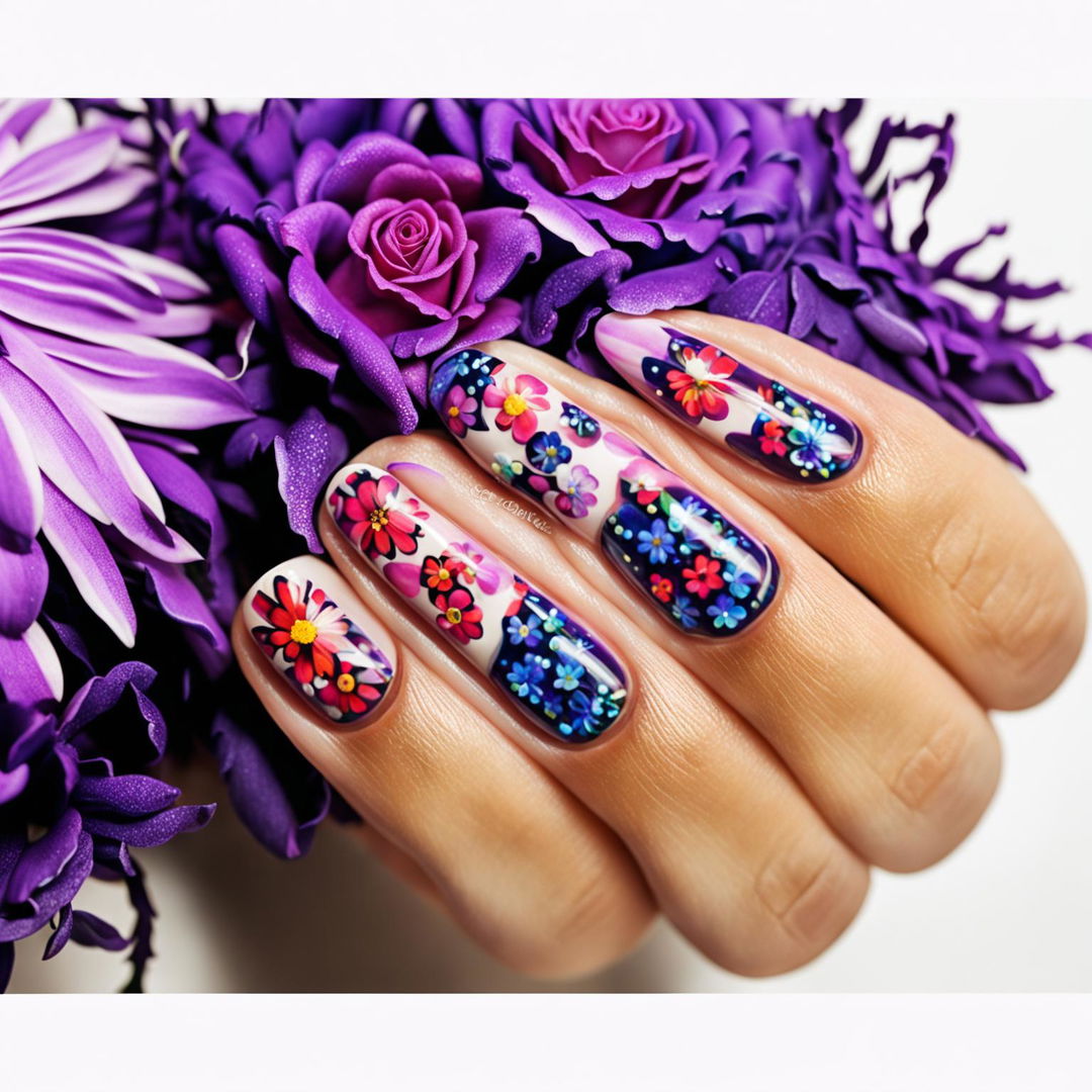 Close-up photograph of a hand with floral nail art on a deep purple base. Each nail features a different flower - roses, daisies, cherry blossoms, sunflowers, and lilies, adorned with tiny crystal details.