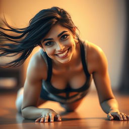 A young woman on all fours, looking directly into the camera with an inviting expression