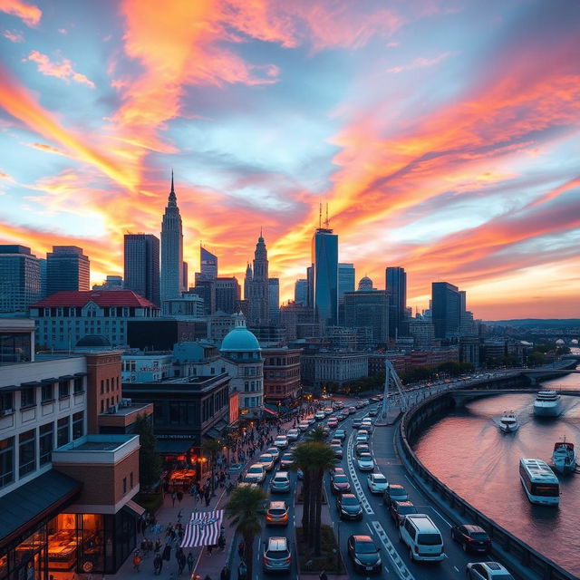 A vibrant cityscape during sunset, showcasing a skyline filled with modern skyscrapers and historical buildings