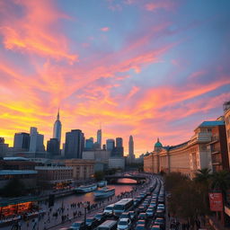 A vibrant cityscape during sunset, showcasing a skyline filled with modern skyscrapers and historical buildings