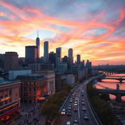 A vibrant cityscape during sunset, showcasing a skyline filled with modern skyscrapers and historical buildings