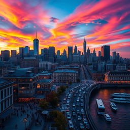 A vibrant cityscape during sunset, showcasing a skyline filled with modern skyscrapers and historical buildings