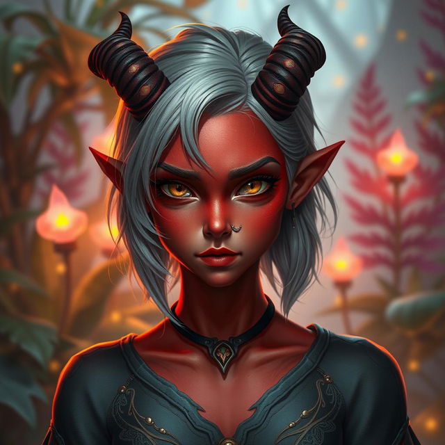 A stunning young female tiefling with vibrant red skin and captivating yellow eyes that spark with mischief