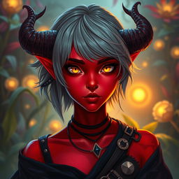 A stunning young female tiefling with vibrant red skin and captivating yellow eyes that spark with mischief