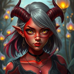 A stunning young female tiefling with vibrant red skin and captivating yellow eyes that spark with mischief