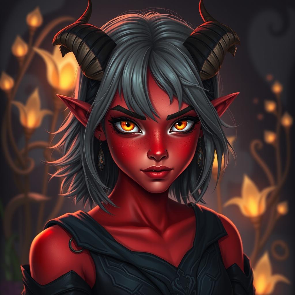 A stunning young female tiefling with vibrant red skin and captivating yellow eyes that spark with mischief