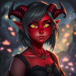 A captivating young female tiefling with striking red skin and alluring yellow eyes that gleam with playful energy