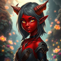 A captivating young female tiefling with striking red skin and alluring yellow eyes that gleam with playful energy
