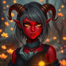 A captivating young female tiefling with striking red skin and alluring yellow eyes that gleam with playful energy