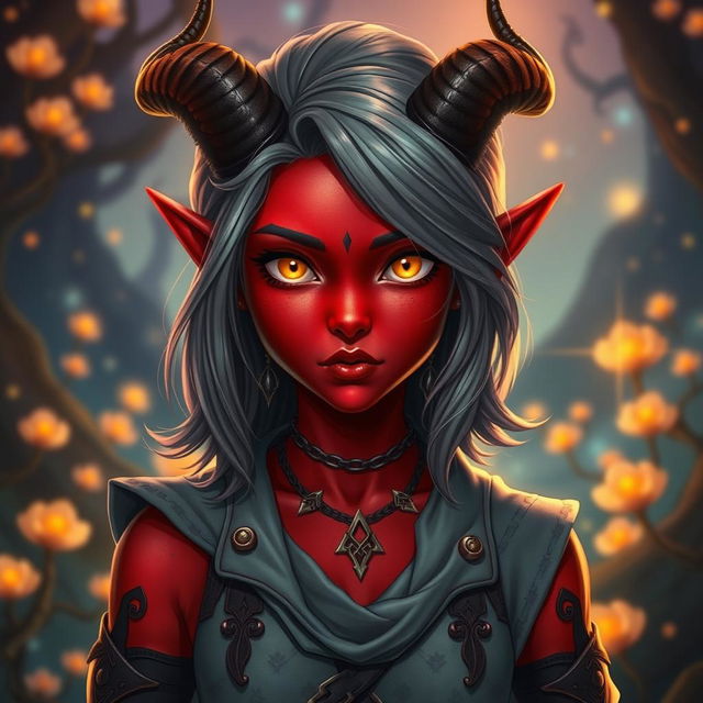 A captivating young female tiefling with striking red skin and alluring yellow eyes that gleam with playful energy