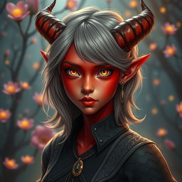 A captivating young female tiefling with vivid red skin and striking yellow eyes that radiate an aura of mystery