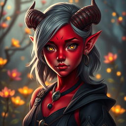 A captivating young female tiefling with vivid red skin and striking yellow eyes that radiate an aura of mystery