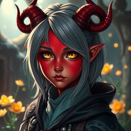 A captivating young female tiefling with vivid red skin and striking yellow eyes that radiate an aura of mystery