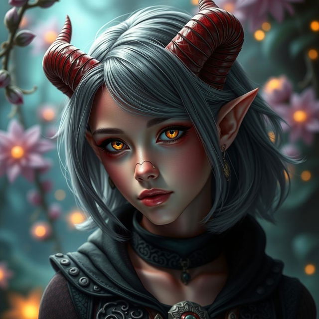 A captivating young female tiefling with vivid red skin and striking yellow eyes that radiate an aura of mystery