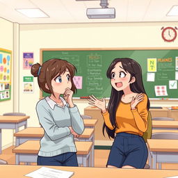 An illustration of Rina and Nina engaged in a lively discussion in a classroom