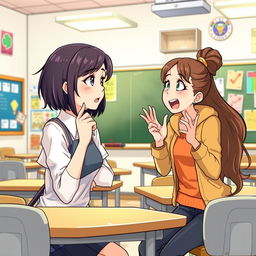 An illustration of Rina and Nina engaged in a lively discussion in a classroom