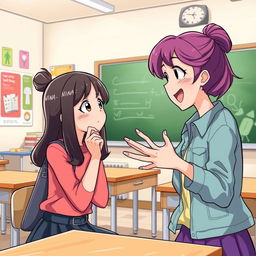 An illustration of Rina and Nina engaged in a lively discussion in a classroom