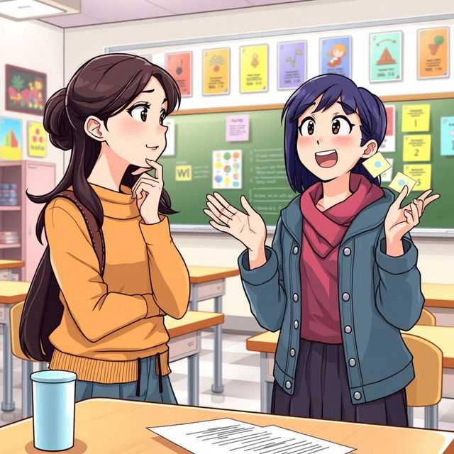 An illustration of Rina and Nina engaged in a lively discussion in a classroom