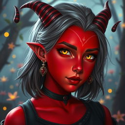 A stunning young female tiefling with vibrant red skin and striking yellow eyes that shine with curiosity