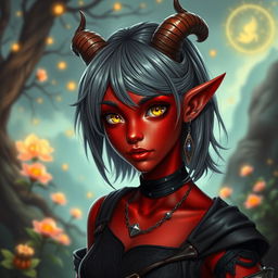 A stunning young female tiefling with vibrant red skin and striking yellow eyes that shine with curiosity