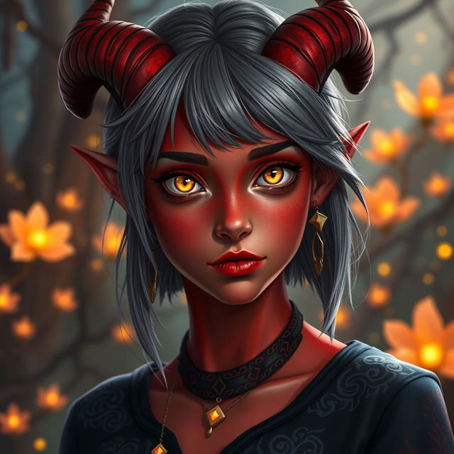 A stunning young female tiefling with vibrant red skin and striking yellow eyes that shine with curiosity