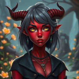 A stunning young female tiefling with vibrant red skin and striking yellow eyes that shine with curiosity
