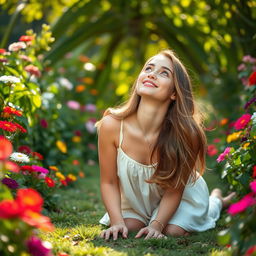 A young woman on her hands and knees, looking upwards with a curious and playful expression