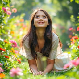 A young woman on her hands and knees, looking upwards with a curious and playful expression
