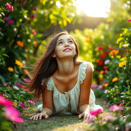 A young woman on her hands and knees, looking upwards with a curious and playful expression