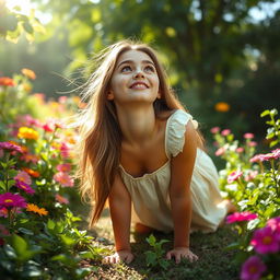 A young woman on her hands and knees, looking upwards with a curious and playful expression