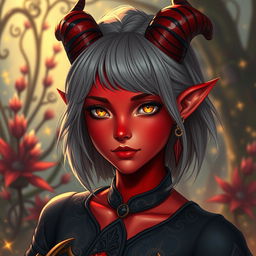 A striking young female tiefling with radiant red skin and mesmerizing yellow eyes, brimming with confidence