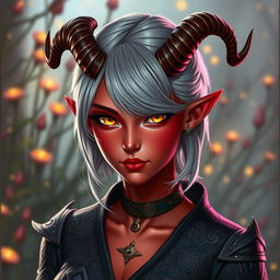 A striking young female tiefling with radiant red skin and mesmerizing yellow eyes, brimming with confidence